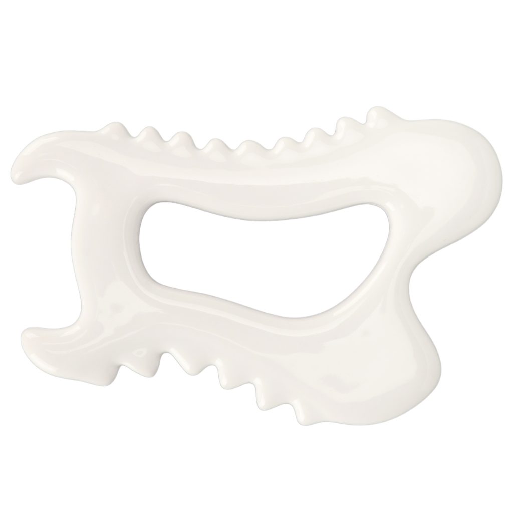 Outil blanc cassé aux bords crantés, présenté horizontalement sur fond blanc.