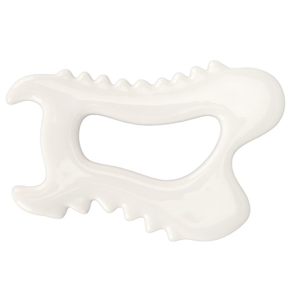 Outil blanc cassé aux bords crantés, présenté horizontalement sur fond blanc.