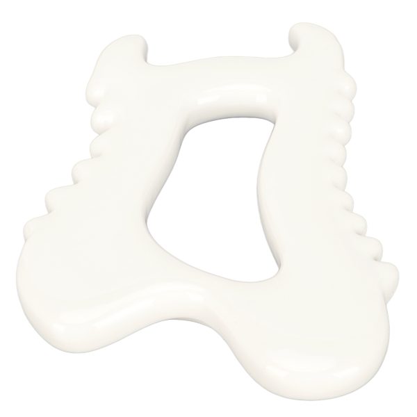Outil blanc cassé présenté de face, avec ouverture centrale et bords crantés.